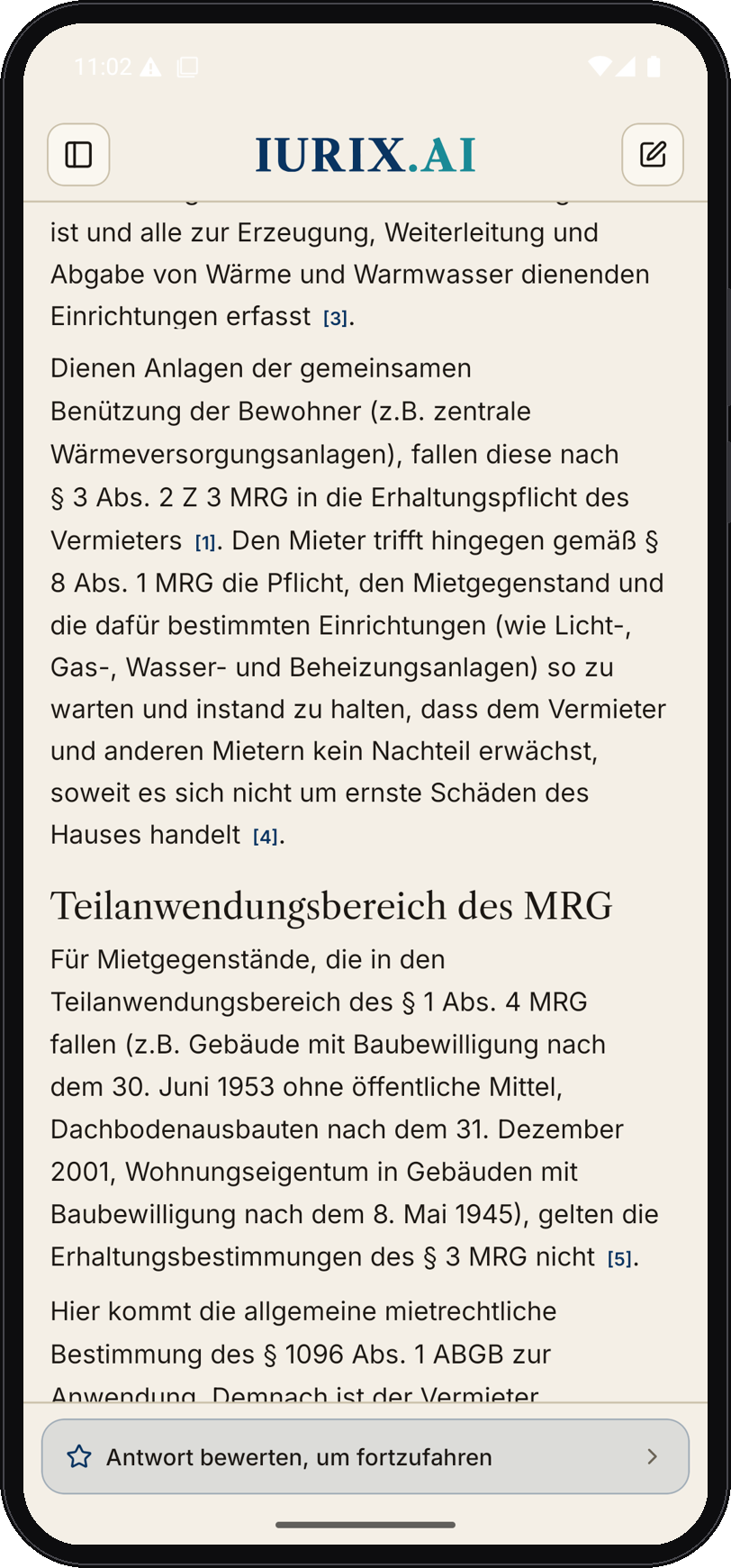 Antwort-Detail in der IURIX-App mit nummerierten Fundstellen im Text: § 3 Abs. 2 Z 3 MRG, § 8 Abs. 1 MRG und § 1096 Abs. 1 ABGB, Abschnitt Teilanwendungsbereich des MRG — unten die Leiste zum Bewerten der Antwort.
