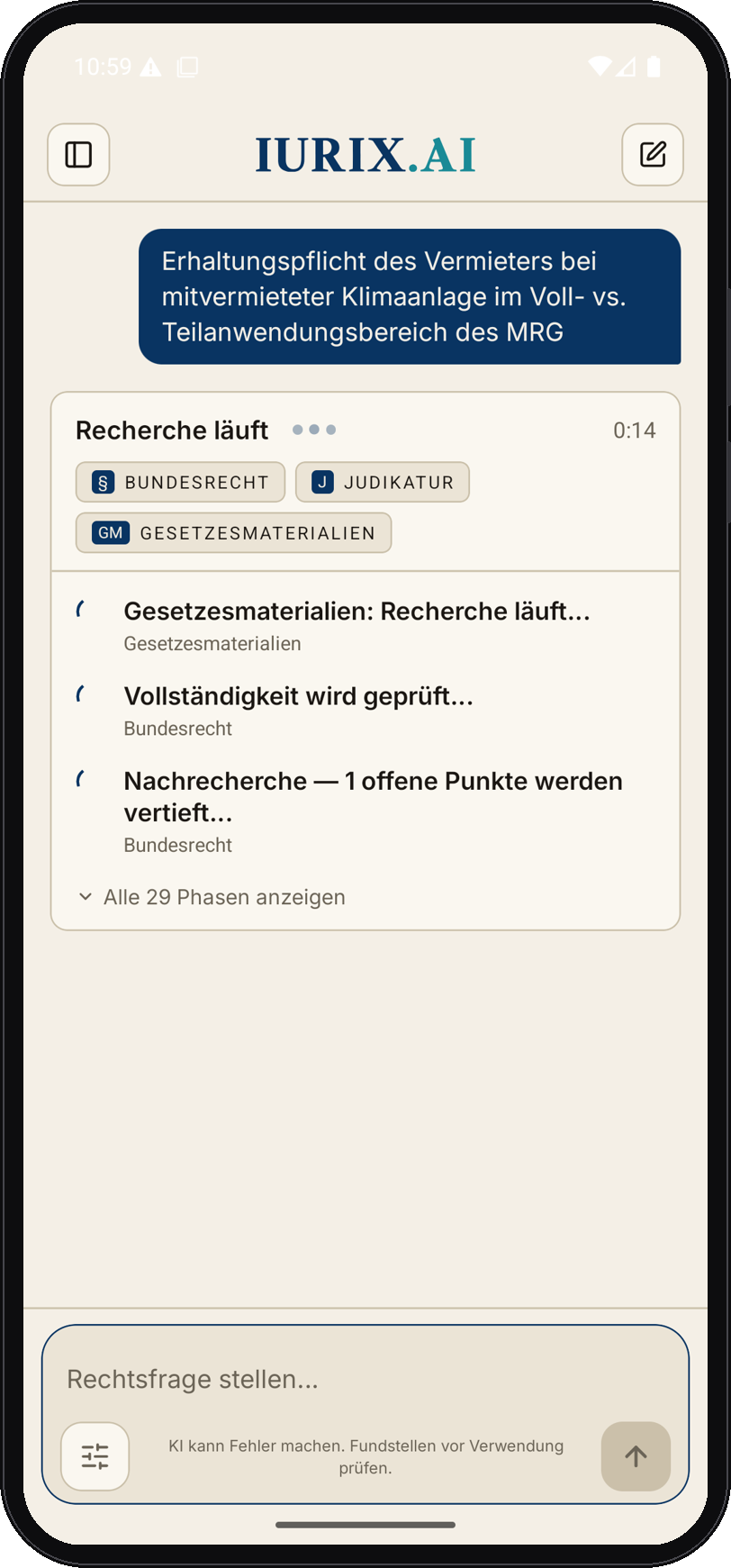 IURIX-App während laufender Recherche: Frage zur Erhaltungspflicht des Vermieters bei mitvermieteter Klimaanlage (MRG), Quellen-Chips Bundesrecht, Judikatur und Gesetzesmaterialien, laufende Phasen („Vollständigkeit wird geprüft