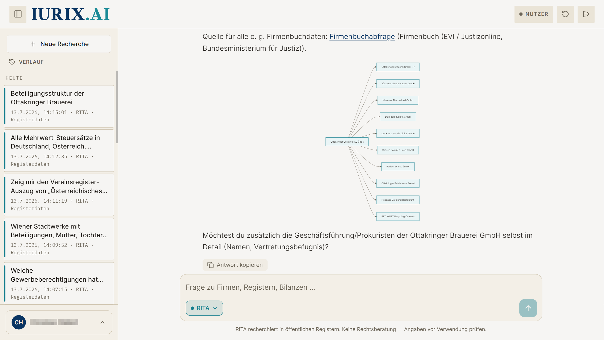 RITA zeigt die Beteiligungsstruktur einer Getränke-Gruppe mit ihren Tochtergesellschaften — Quelle Firmenbuch.