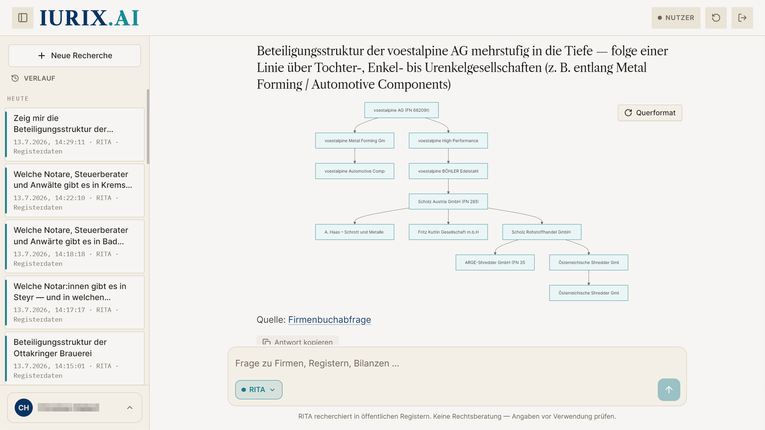 RITA zeichnet die mehrstufige Beteiligungskette der voestalpine AG — von der Mutter über Tochter- und Enkel- bis zu Urenkelgesellschaften, mit Quelle Firmenbuch.