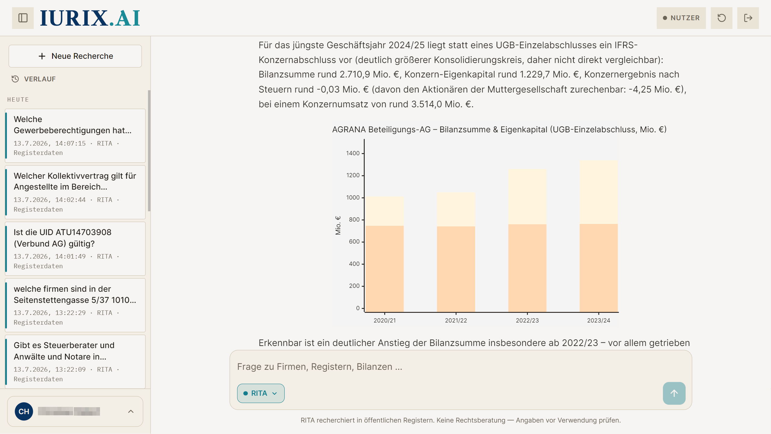 RITA stellt Bilanzsumme und Eigenkapital einer AG aus den offengelegten Jahresabschlüssen über mehrere Jahre als Balkendiagramm dar.
