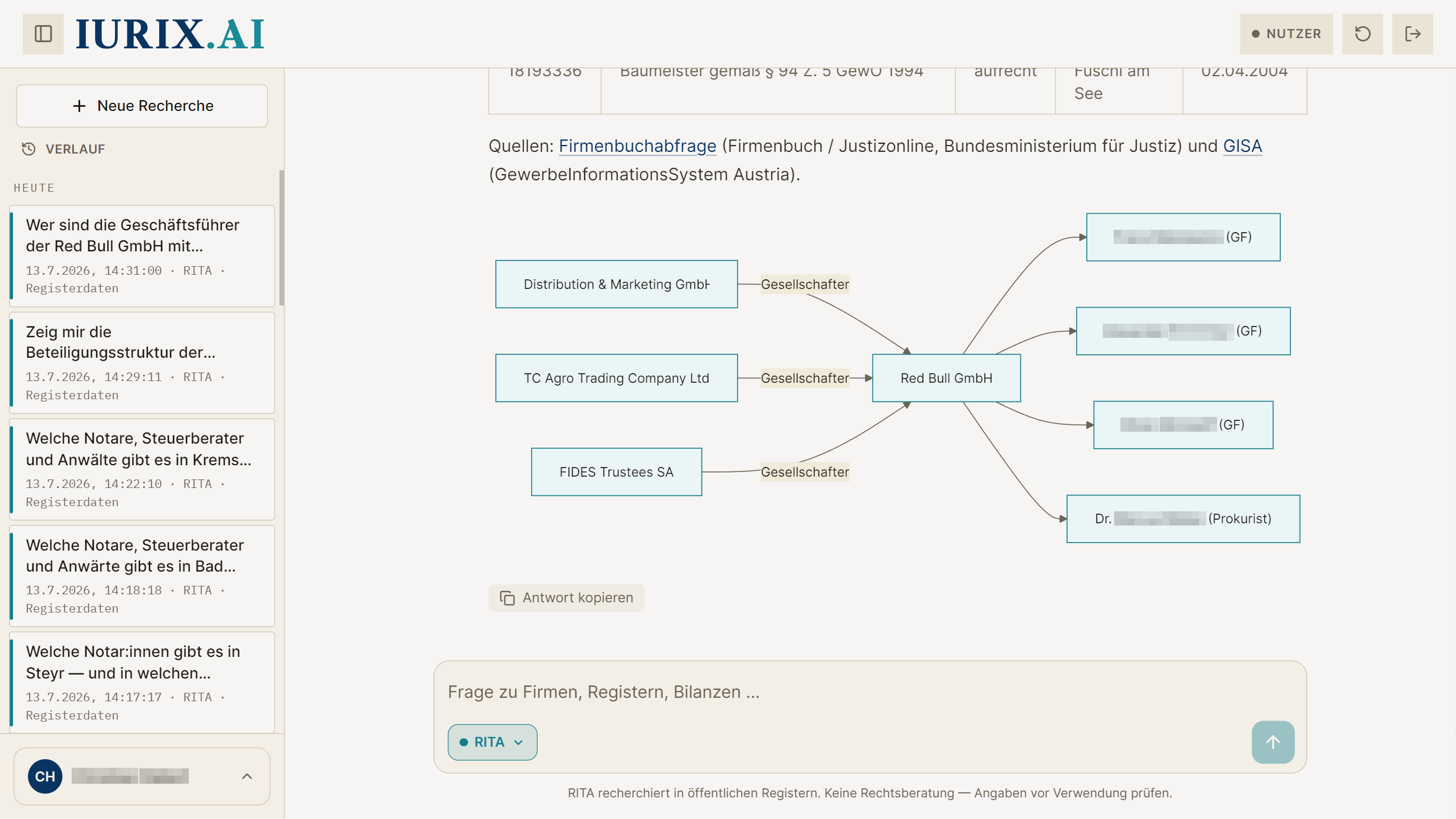 RITA zeigt Geschäftsführer, Gesellschafter und Prokurist der Red Bull GmbH als Struktur — mit Quellenangabe aus Firmenbuch und GISA. Personennamen unkenntlich gemacht.