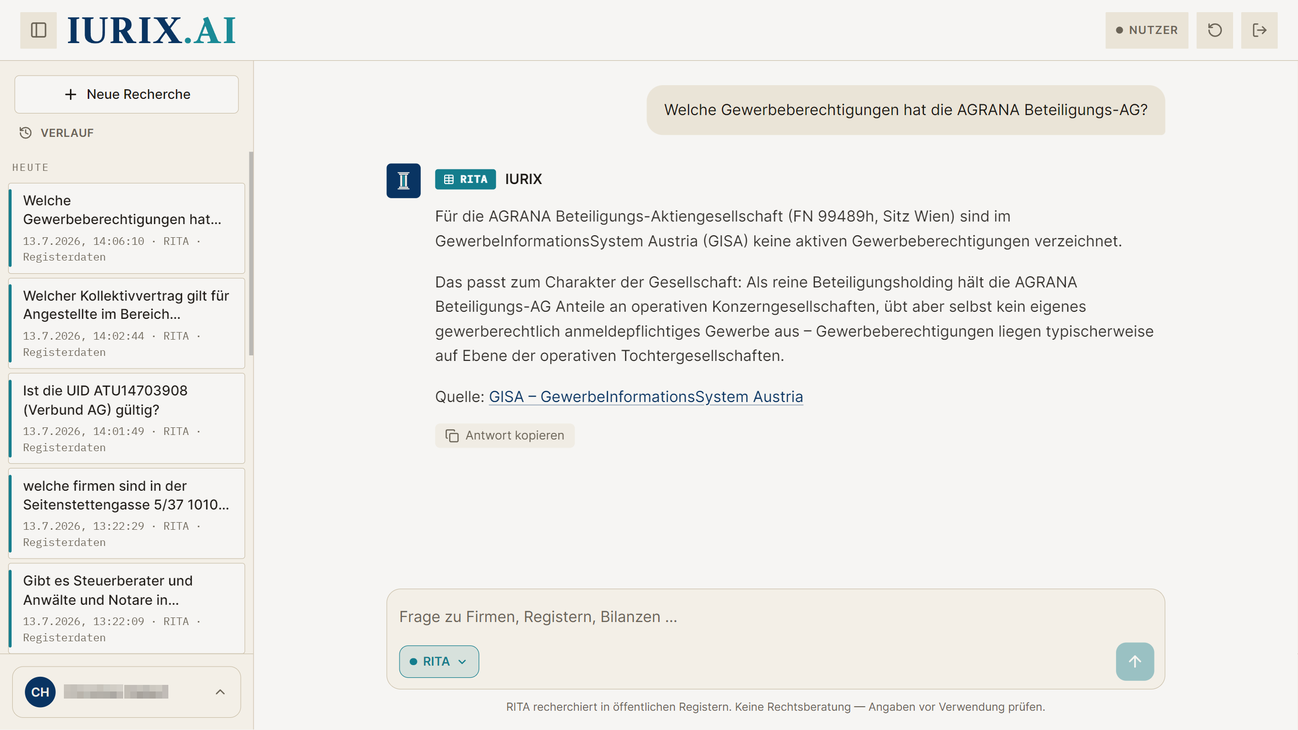 RITA beantwortet eine Frage zu Gewerbeberechtigungen einer AG — mit Quelle GISA.