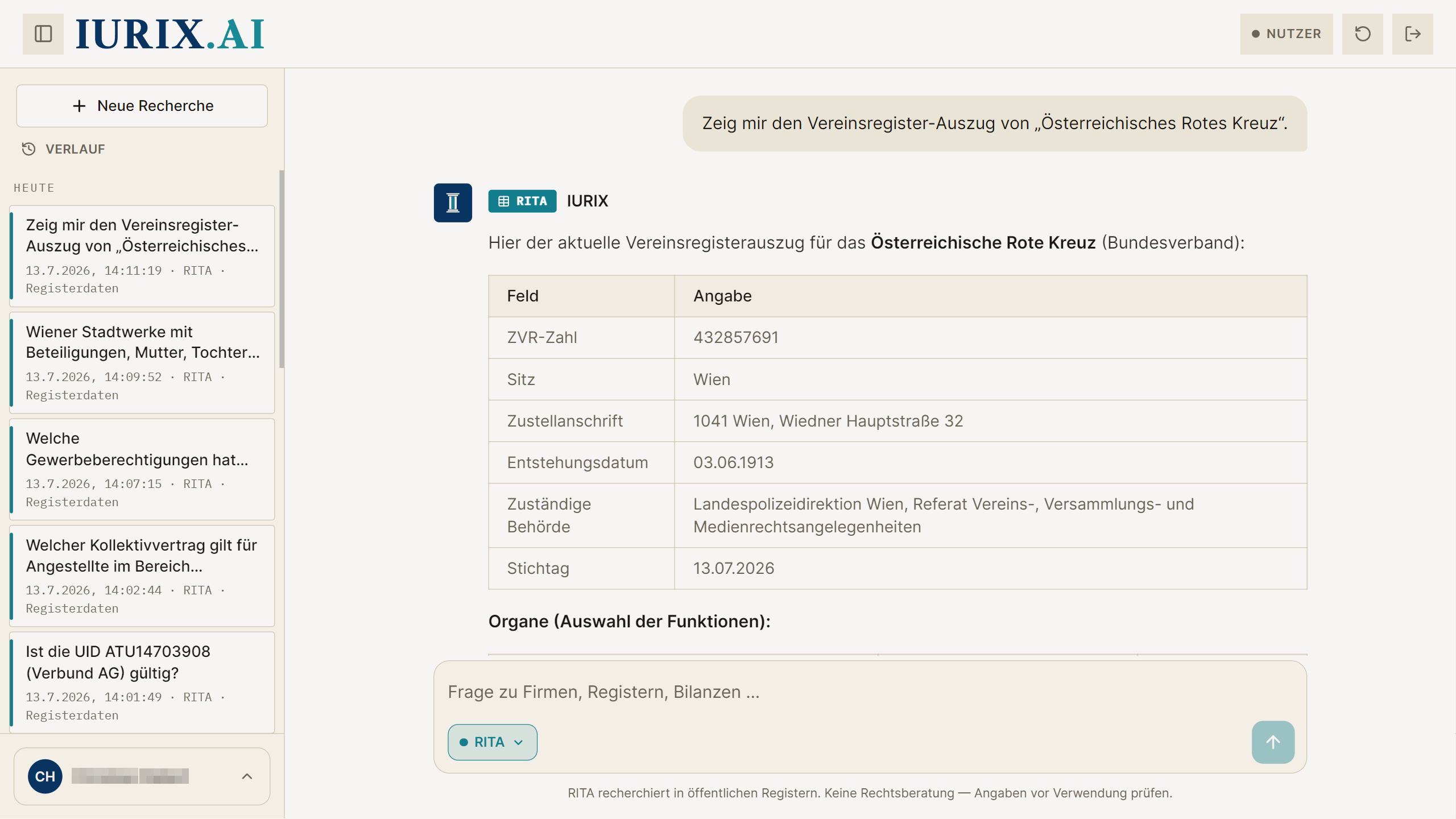 RITA zeigt den Vereinsregister-Auszug (ZVR) mit Sitz, Anschrift, Behörde und Stichtag.