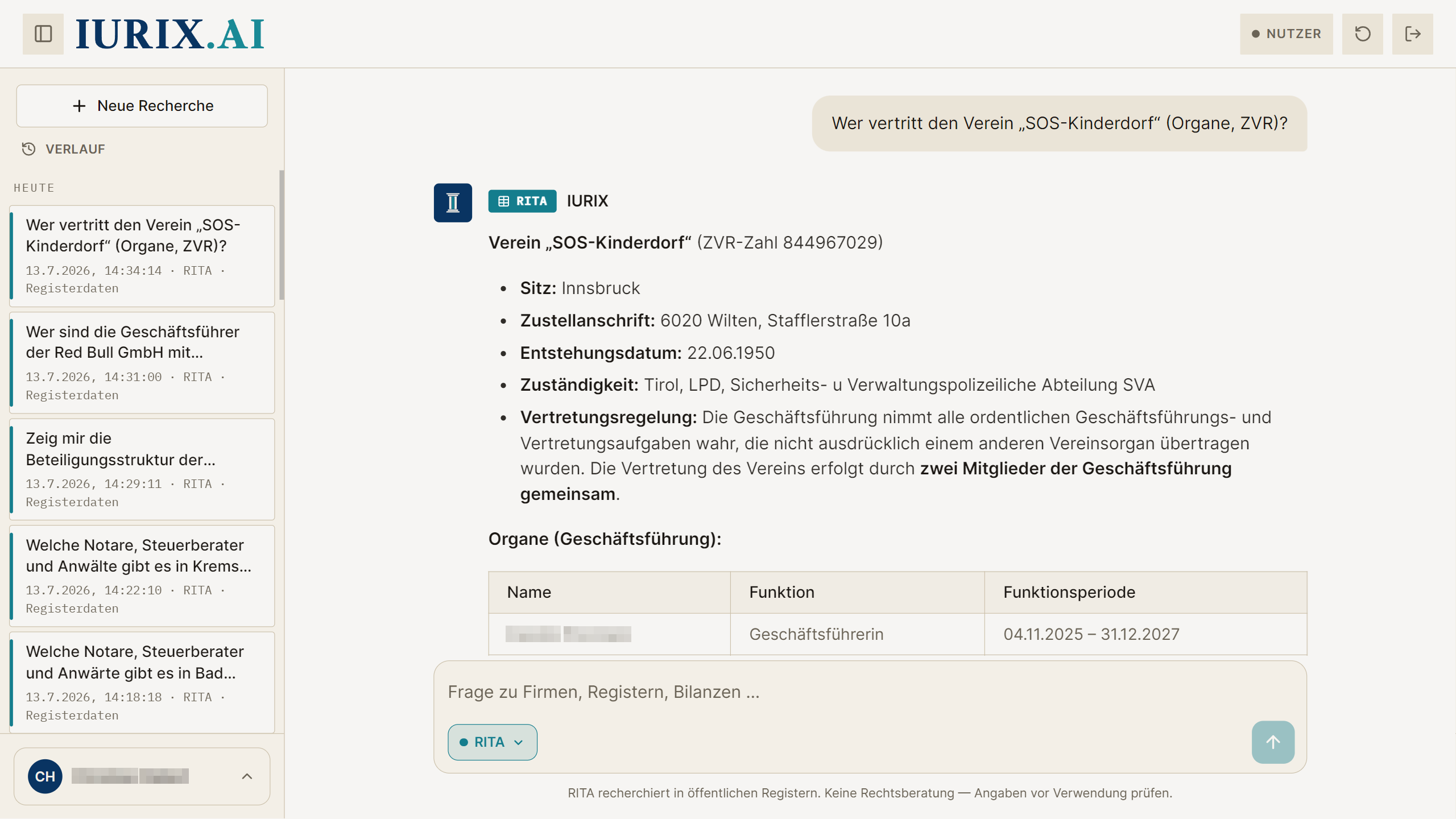 RITA zeigt Organe und Vertretung eines Vereins aus dem Vereinsregister. Personenname unkenntlich.